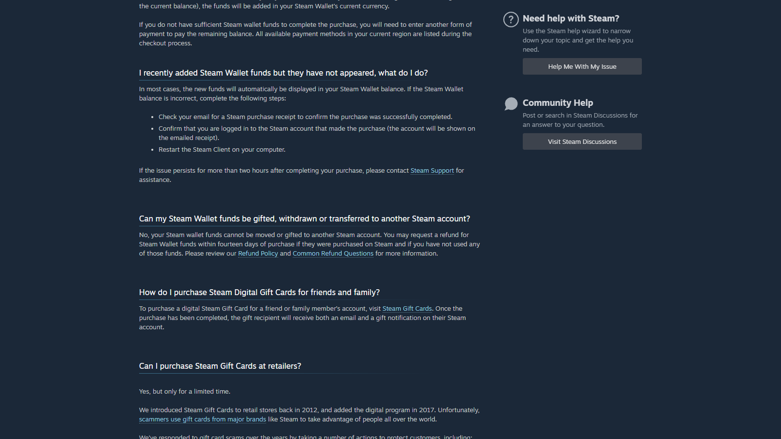 Steam Wallet資金を引き出せるか説明する公式サポート画面