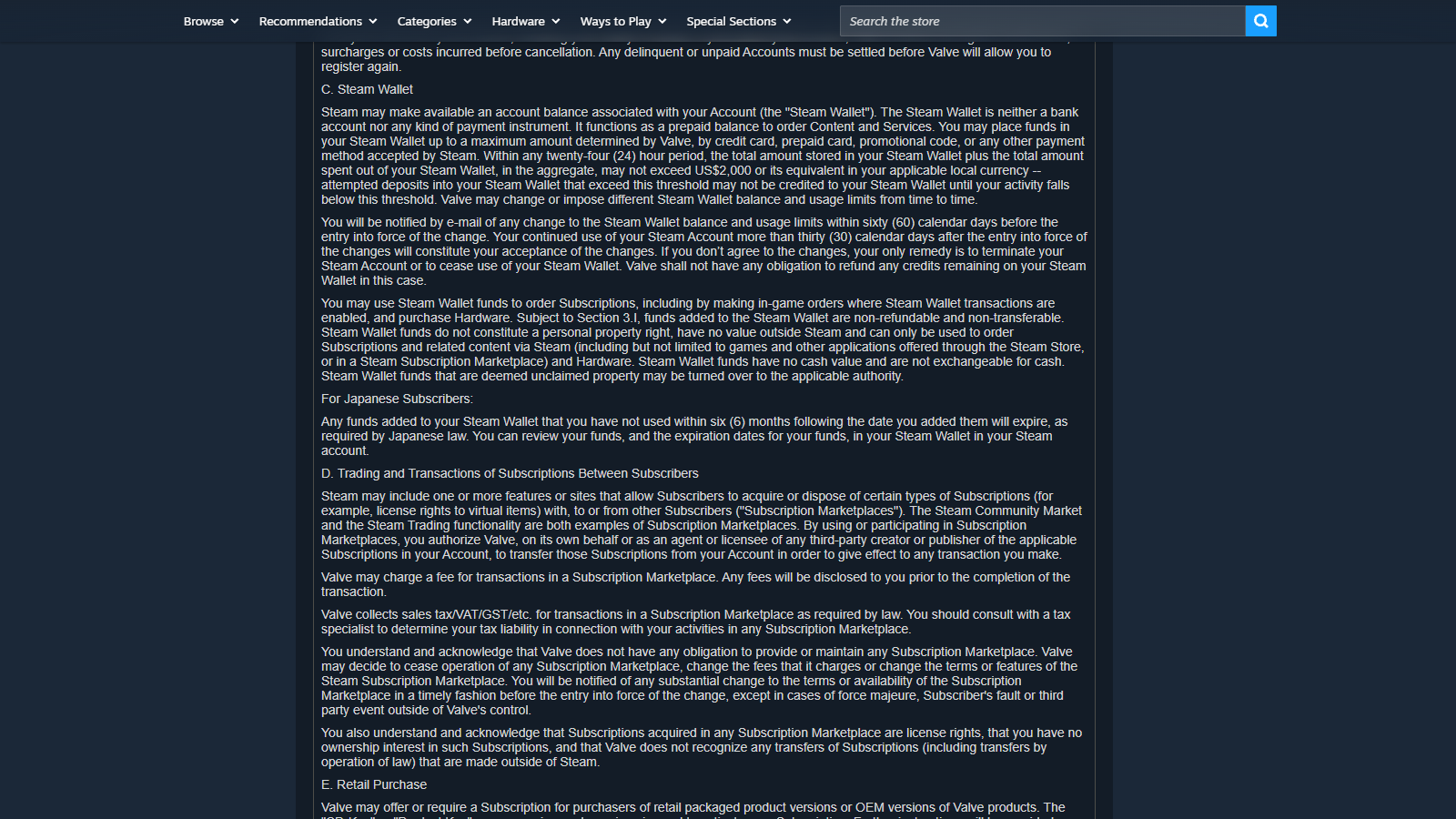 Steam Walletの現金価値を定める公式規約の画面