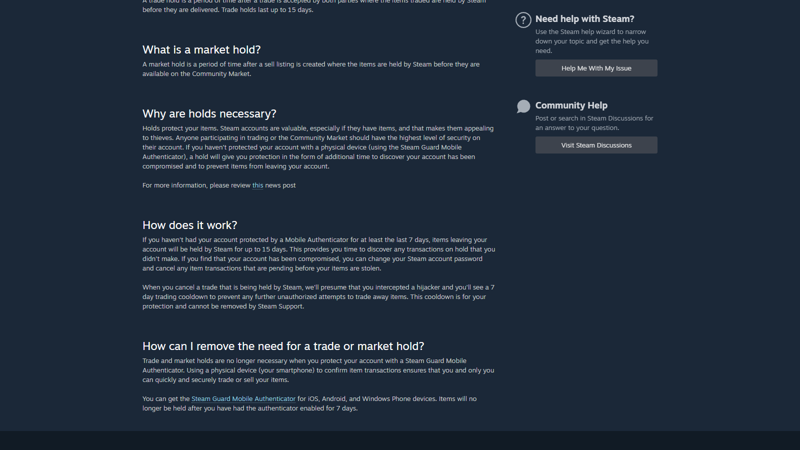 Steam Guardの利用期間と最大15日の保留を説明する公式画面