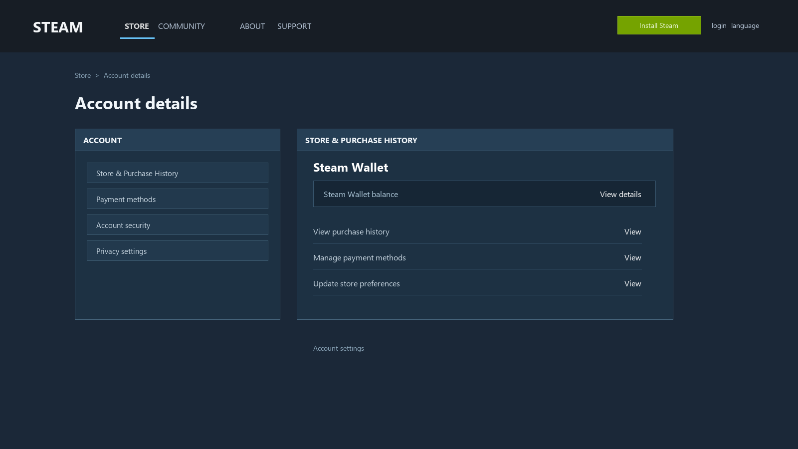 Mockup de detalles de cuenta de Steam con el Wallet bajo la cuenta iniciada