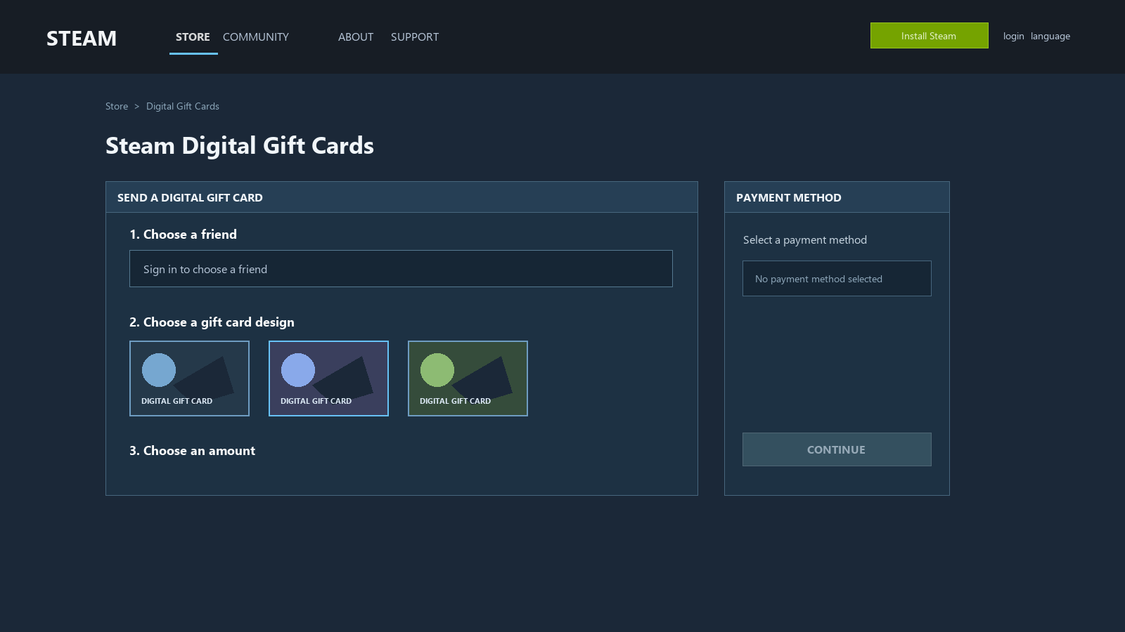 Mockup de tarjeta regalo digital de Steam con selección de amigo y paso de pago