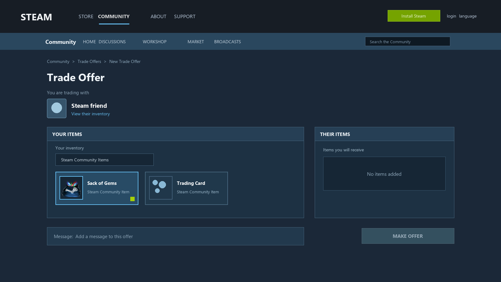 Mockup de oferta de intercambio de Steam con cuadrículas de objetos para ambas cuentas