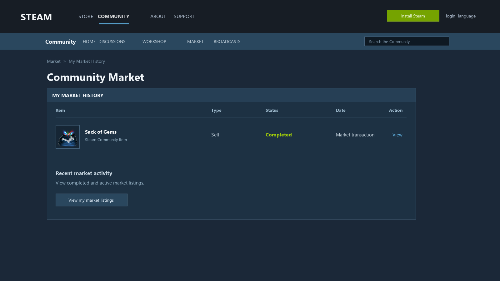 Mockup del historial de Steam Community Market con una venta completada de la cuenta iniciada