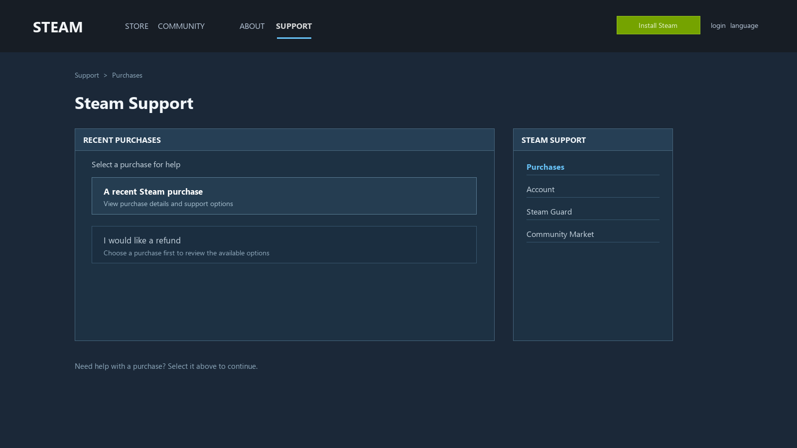 Mockup de reembolsos de Steam con una compra elegible y su destino de reembolso