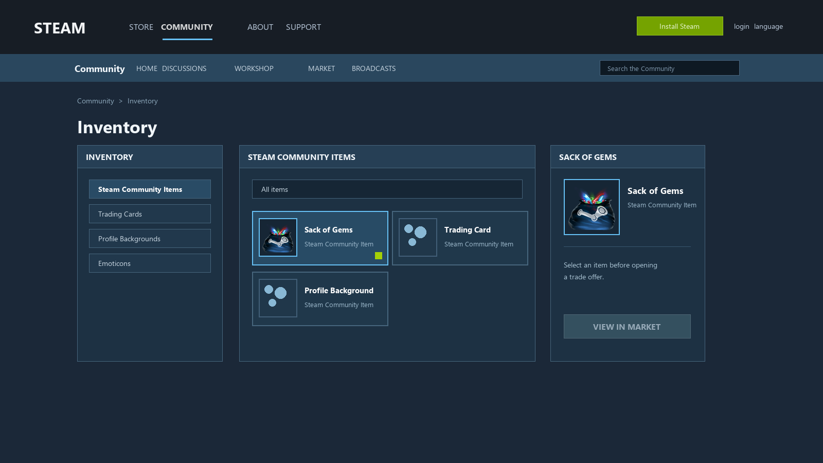 Mockup del inventario de Steam con un Sack of Gems seleccionado y la acción Trade Offer