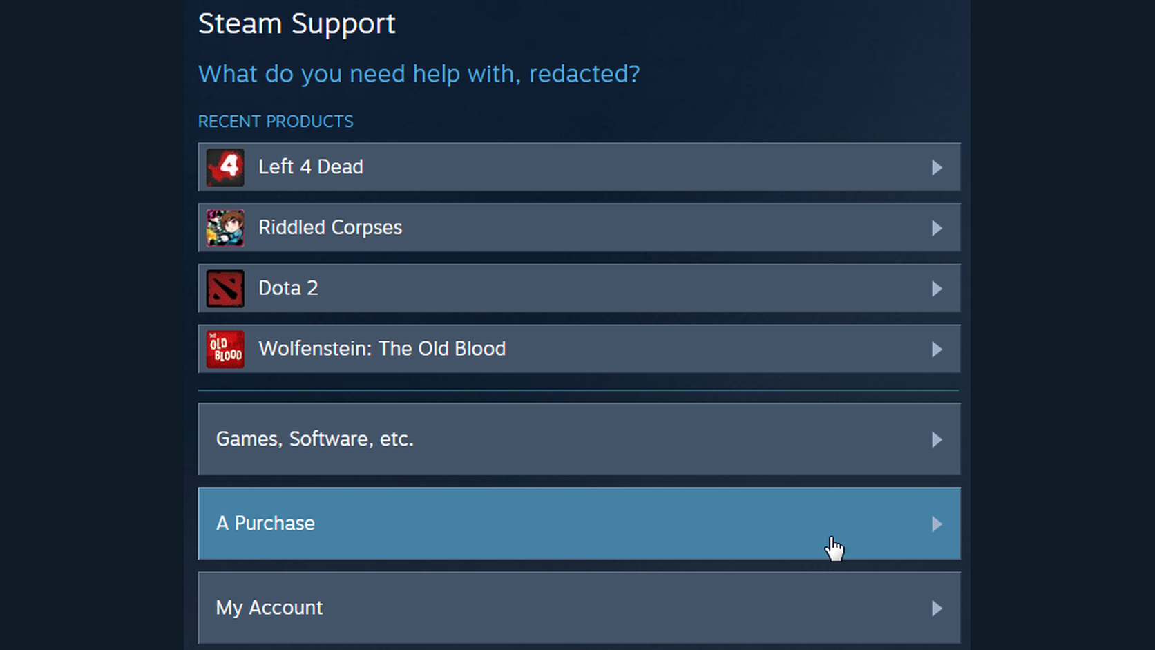 Steam-Supportmenü mit ausgewähltem Eintrag „A Purchase“