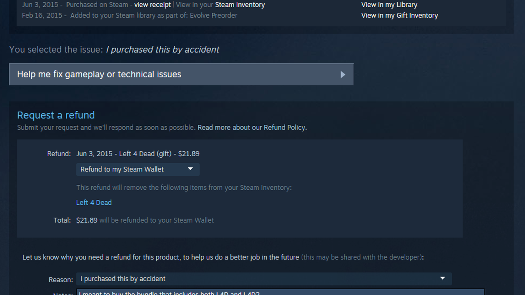 「Refund to my Steam Wallet」のドロップダウンが表示された返金申請フォーム