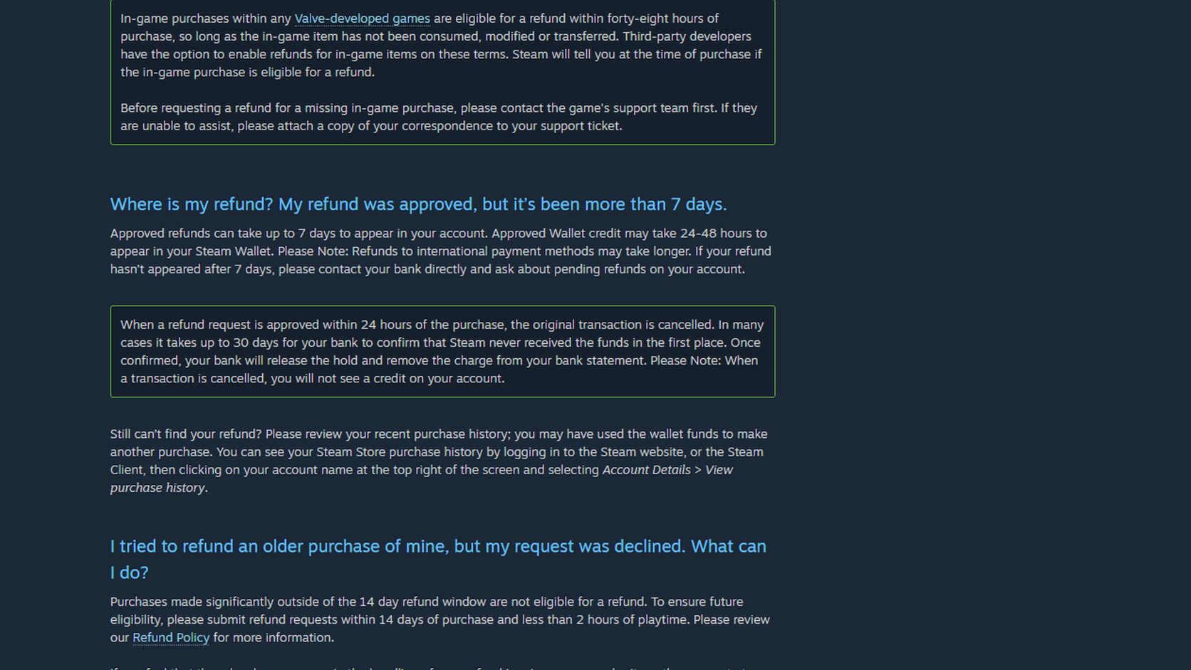 Steam-Hilfe „Common Refund Questions“ mit Angaben zu Rückerstattungszeiten und der 30-Tage-Erklärung zur Autorisierungsvormerkung