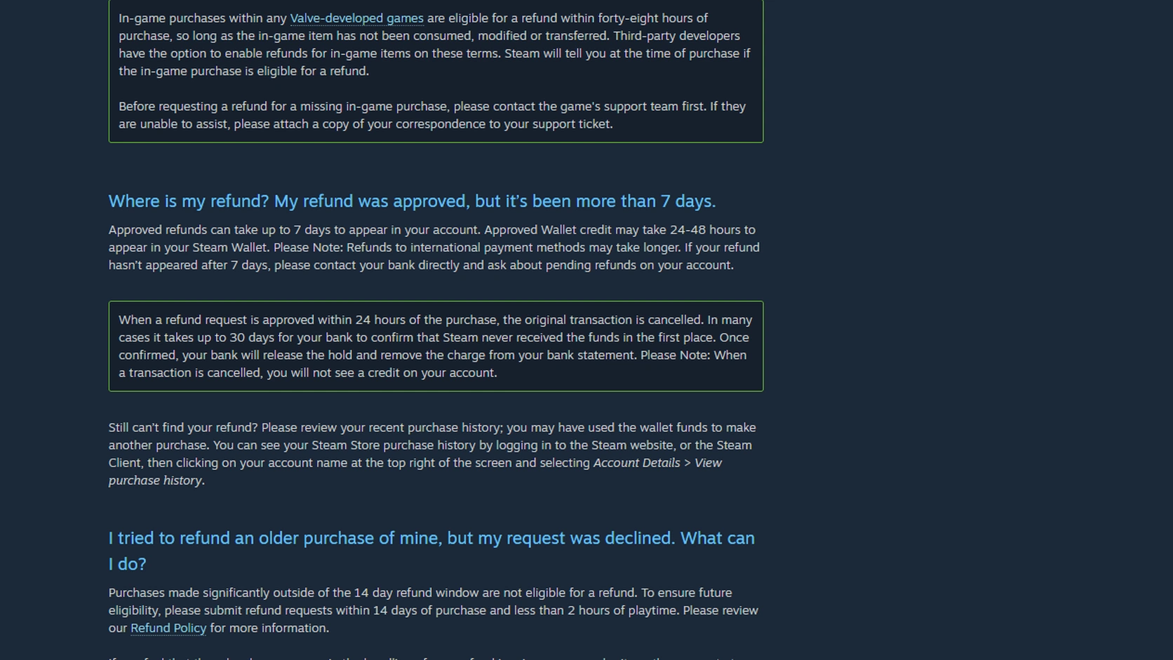 Common Refund Questions showing refund timing and a 30-day authorization-hold explanation