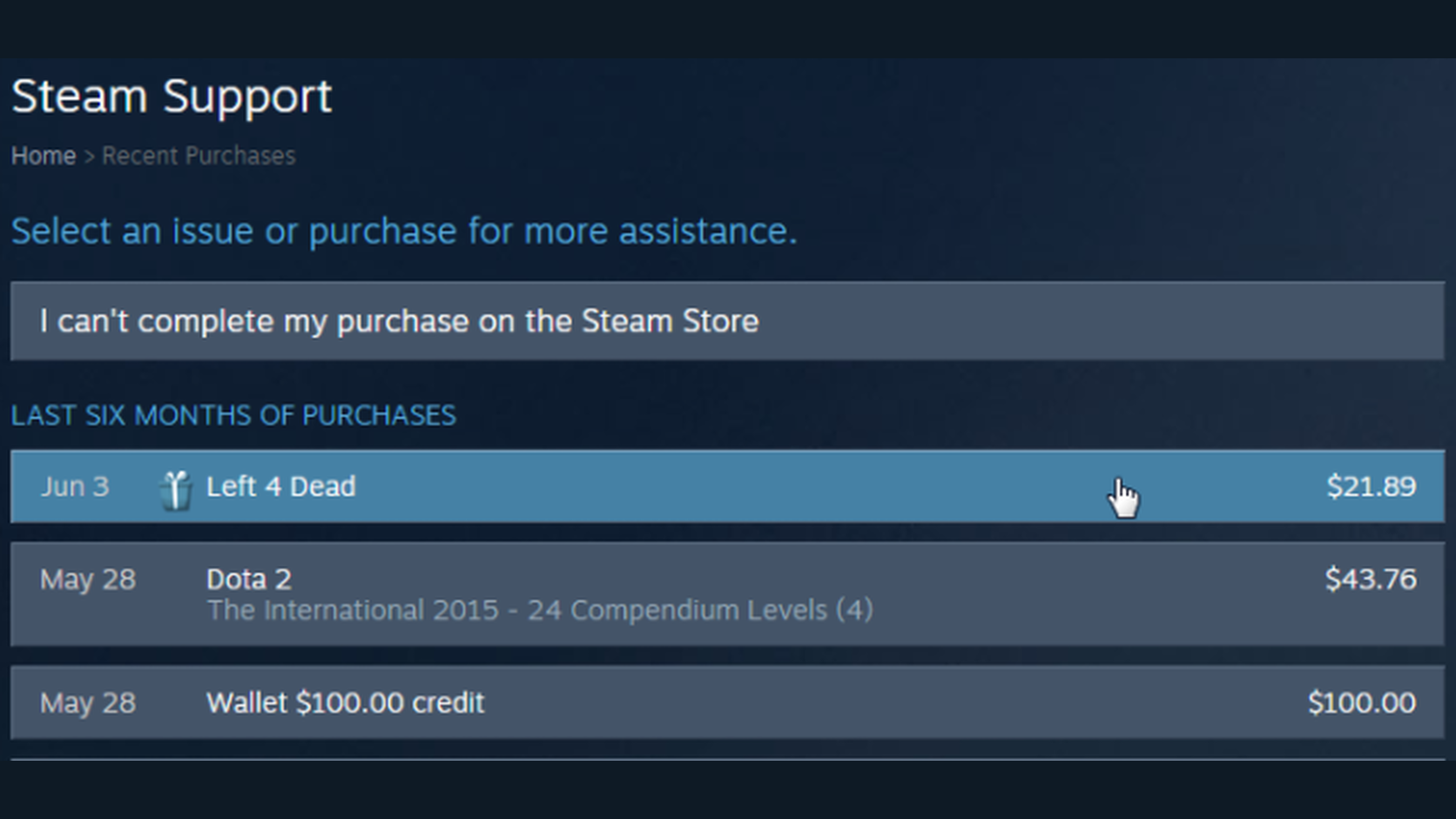 Liste „Recent Purchases“ in Steam mit einer Wallet-Gutschrift von 100,00 US-Dollar