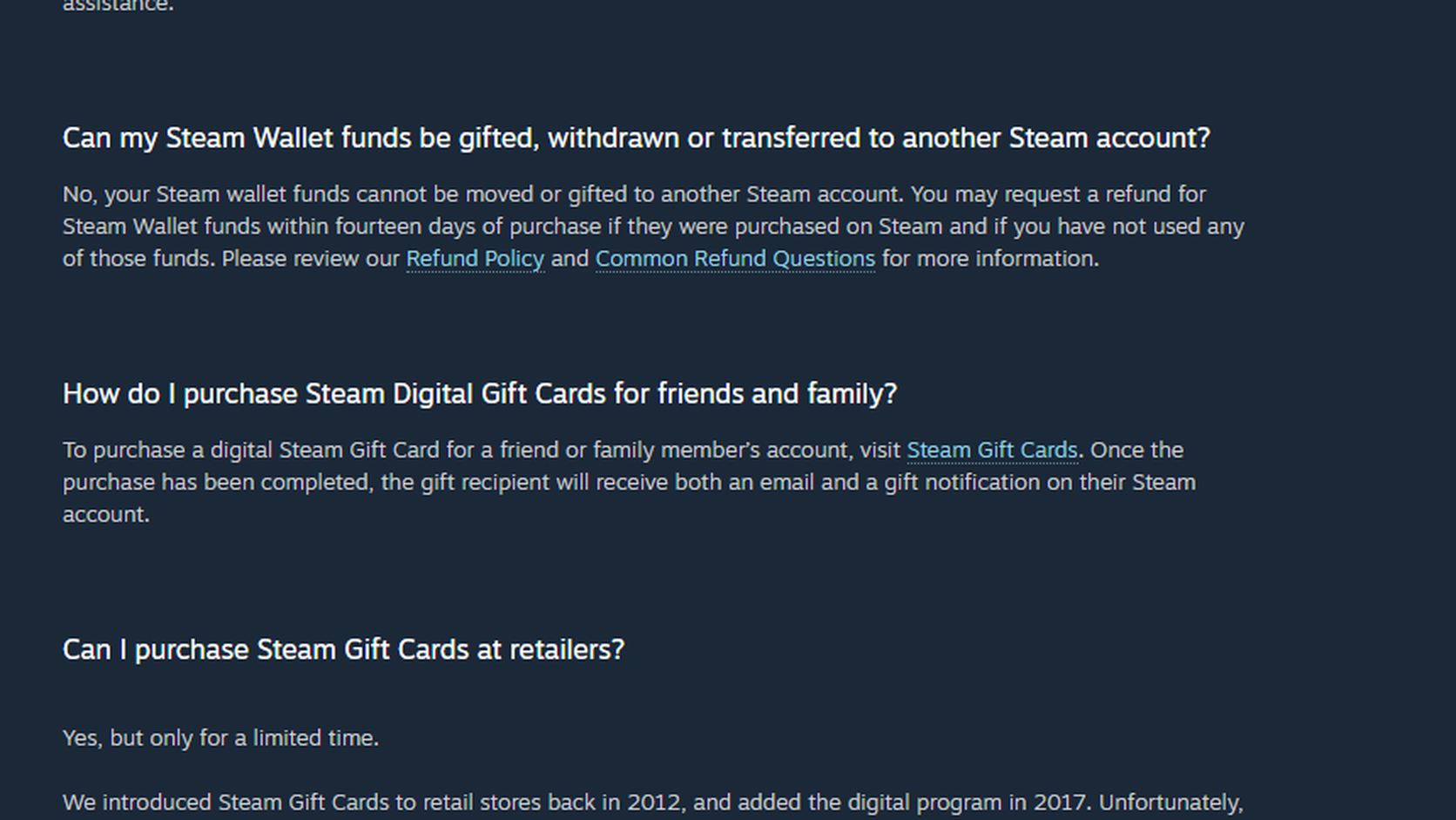 ギフト・出金・移動について説明するSteam Wallet FAQの質問と回答