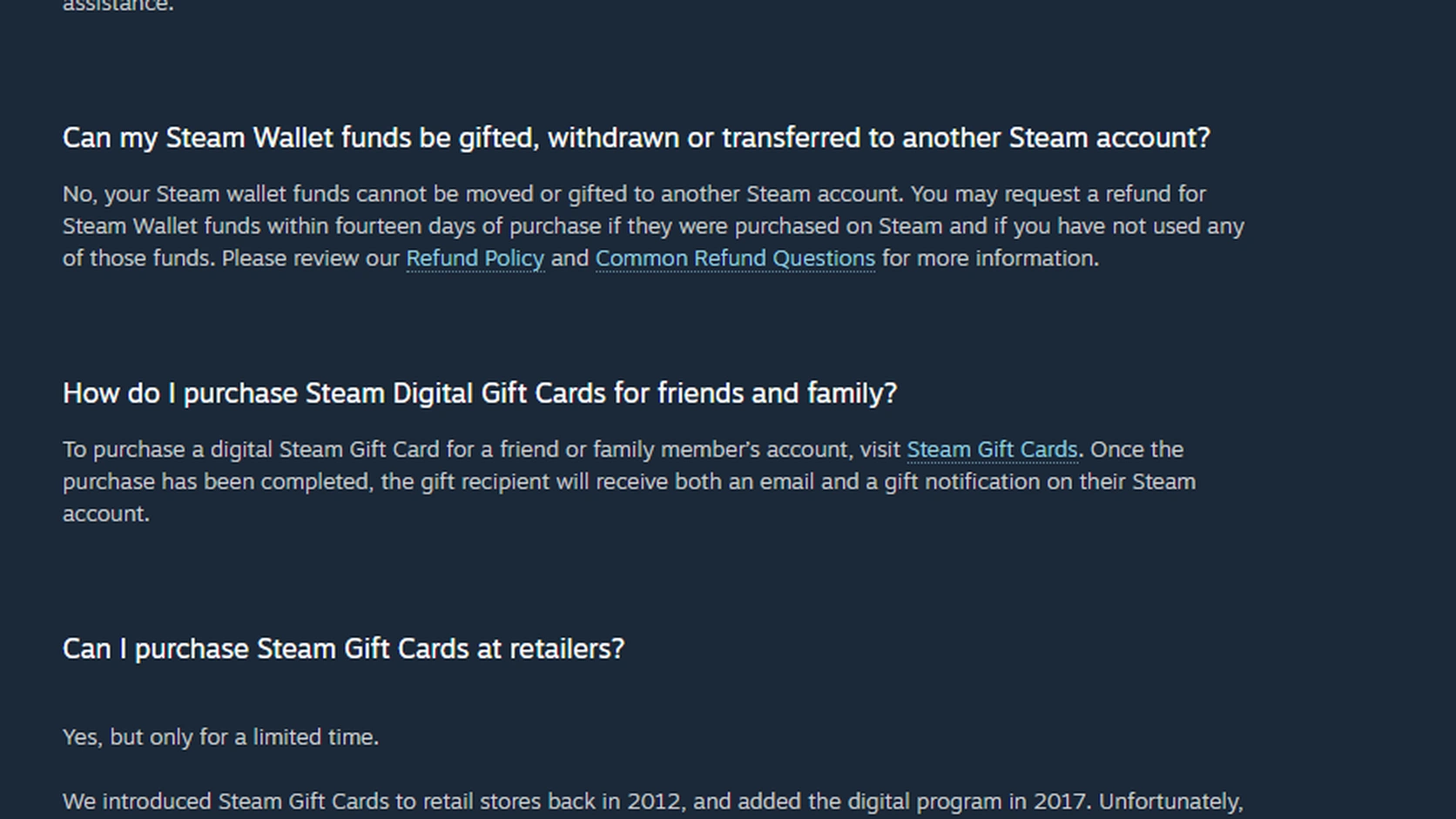 Steam Wallet FAQ question and answer about gifting, withdrawal, and transfer