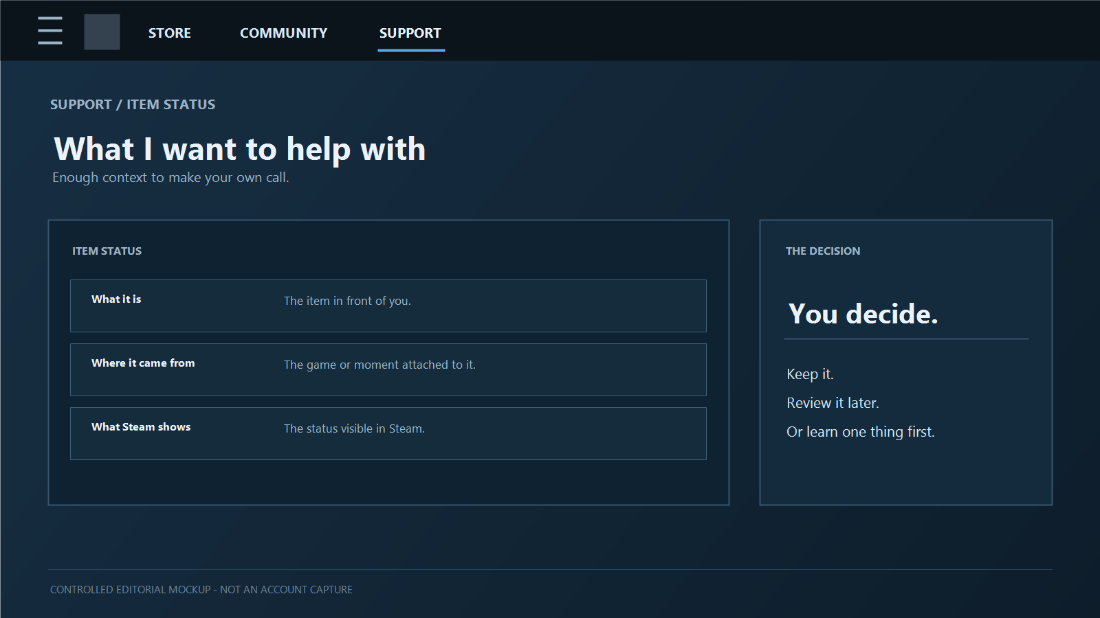 查看物品脉络后再留下决定的 Steam 页面