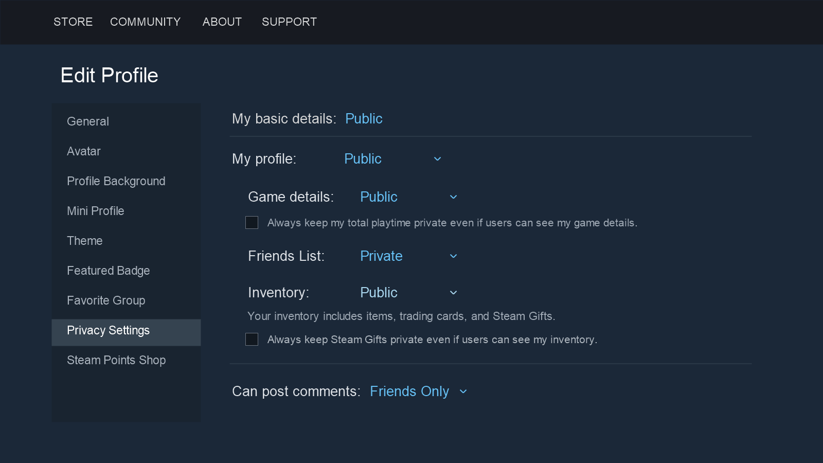 Editorial mockup of Steam Edit Profile with Privacy Settings selected and Inventory set to Public beneath Friends List.