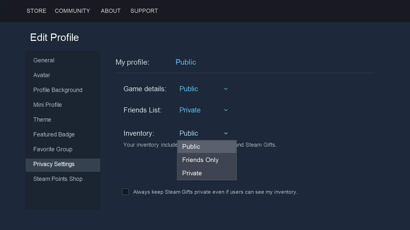 Editorial mockup of the expanded Steam Inventory privacy menu showing Public, Friends Only and Private.