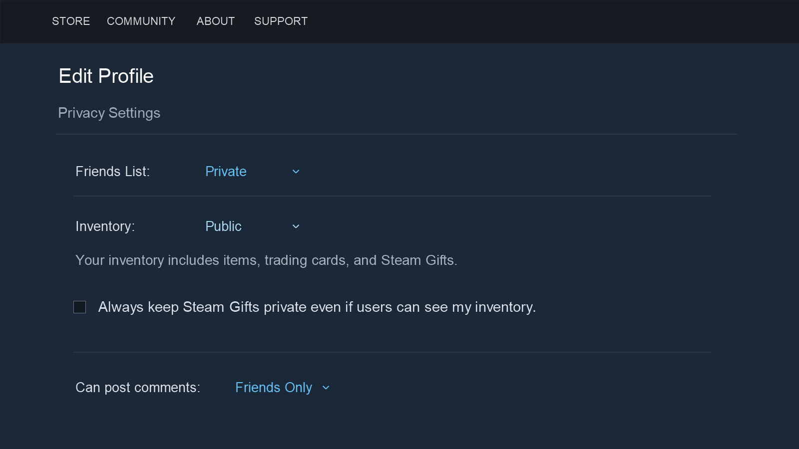 Editorial close-up of Steam Privacy Settings with Inventory set to Public and a separate unchecked Steam Gifts privacy checkbox below it.