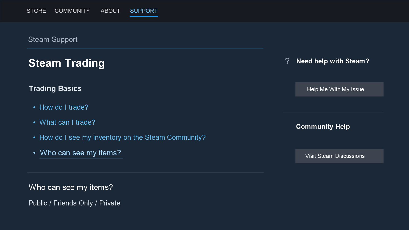 Editorial mockup of Steam Trading help with the Who can see my items link and the Public, Friends Only and Private audience options.