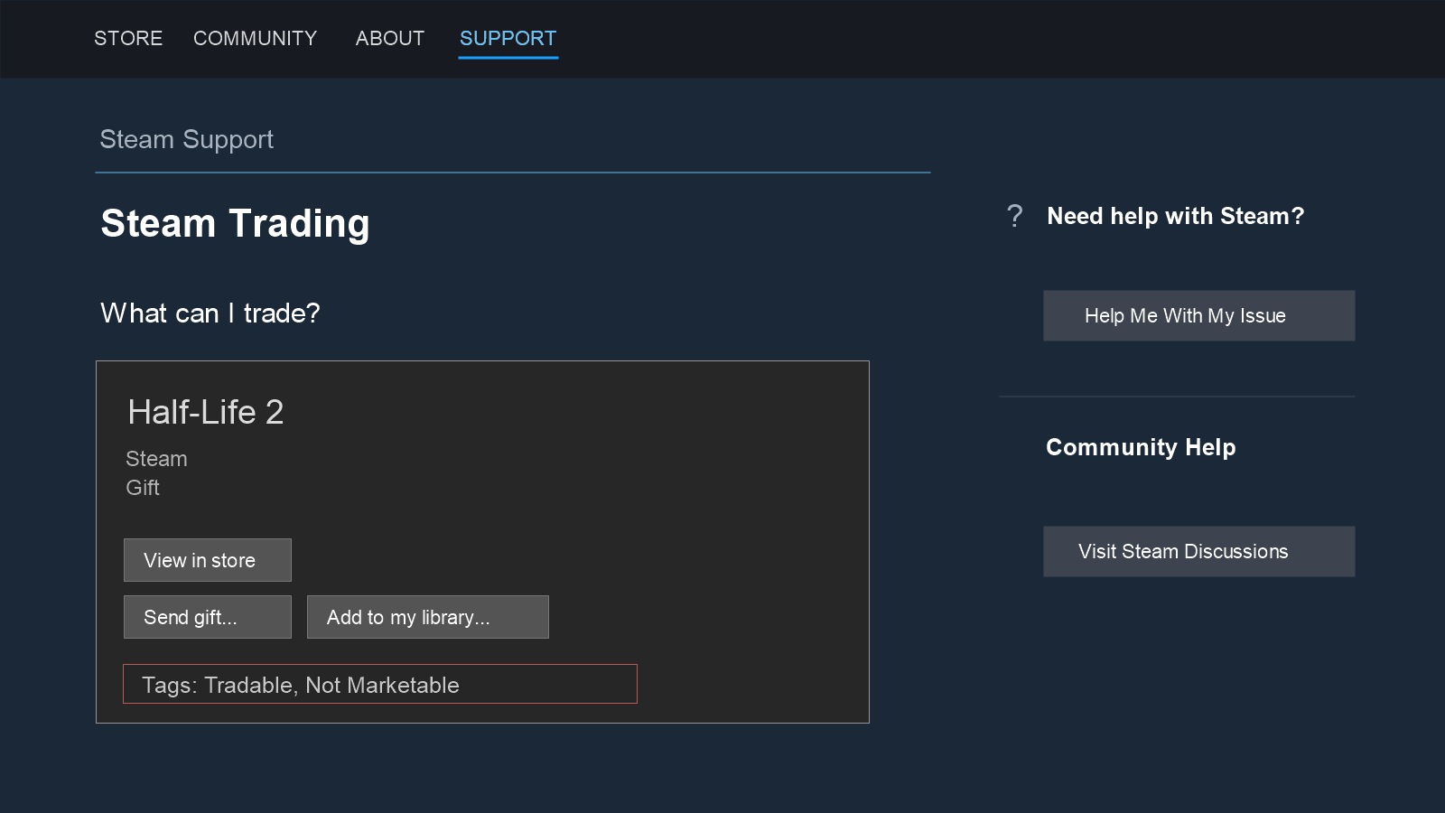 Reconstruction of the older Half-Life 2 gift example in Steam Trading help, with its Tags line reading Tradable, Not Marketable.