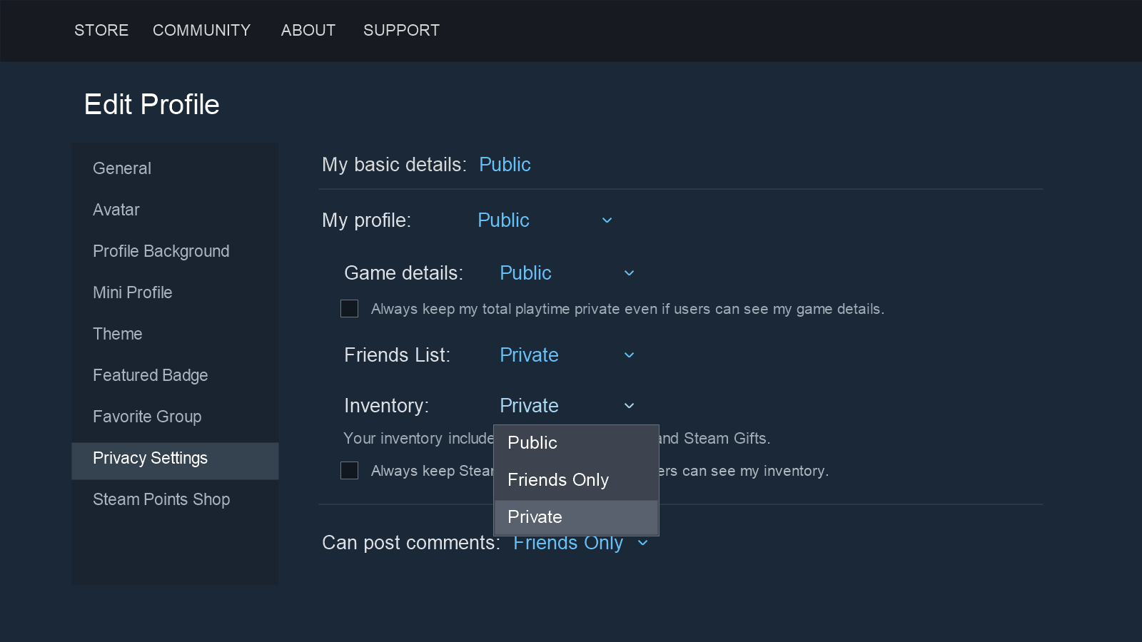 Editorial mockup of Steam Privacy Settings with Inventory set to Private and Private highlighted in its open audience menu.
