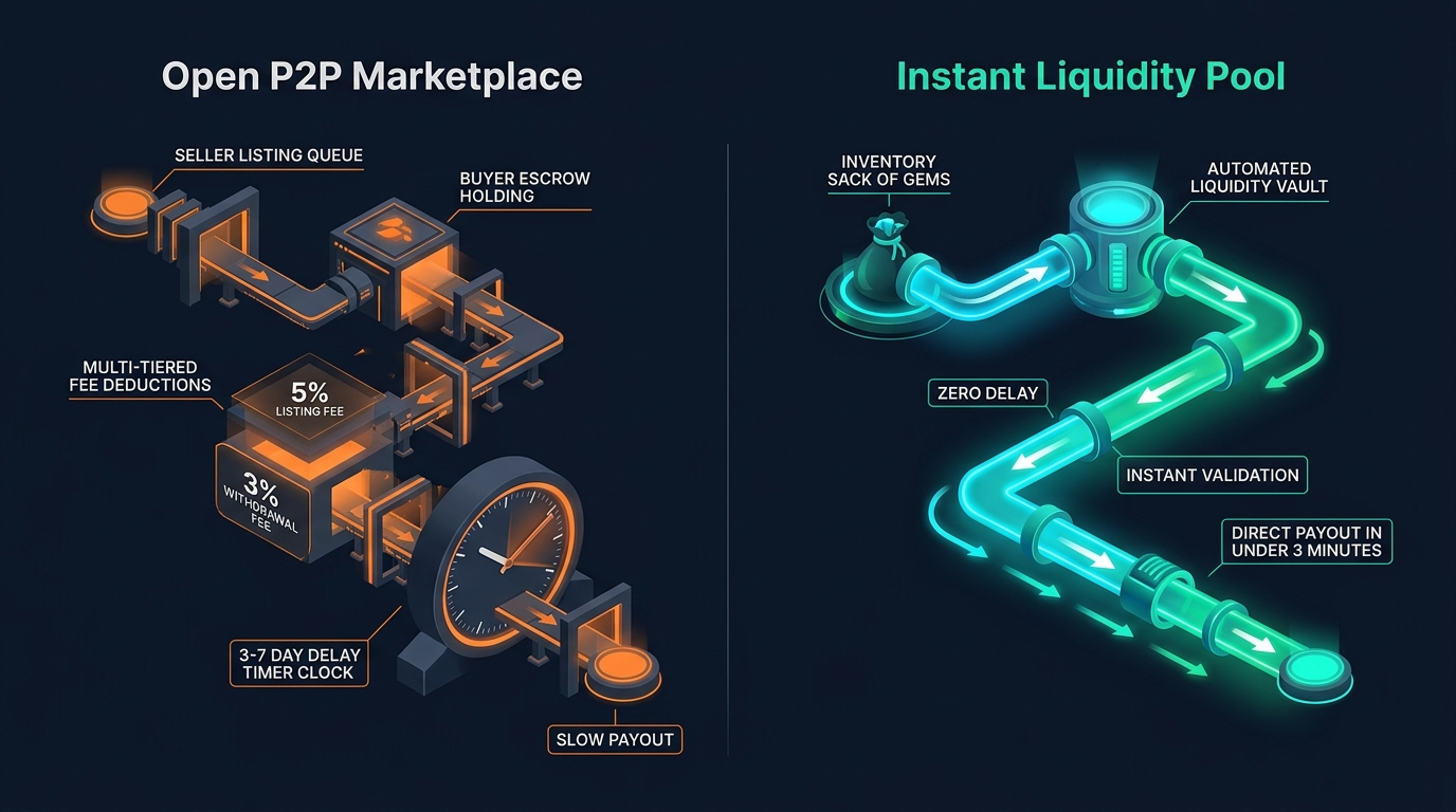 Comparison between peer to peer listing marketplaces and automated instant liquidity pool architecture