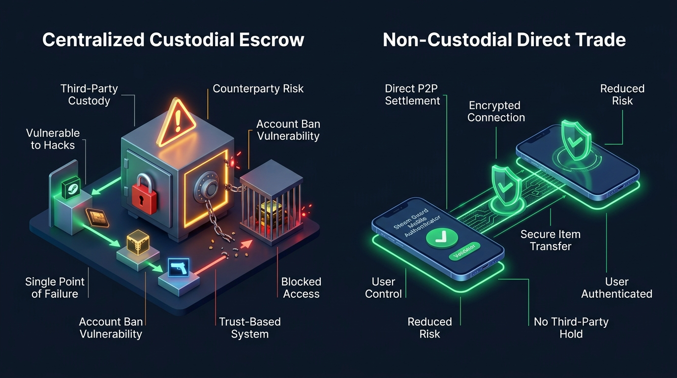 Escrow custodial holding model versus non-custodial automated trade offer settlement
