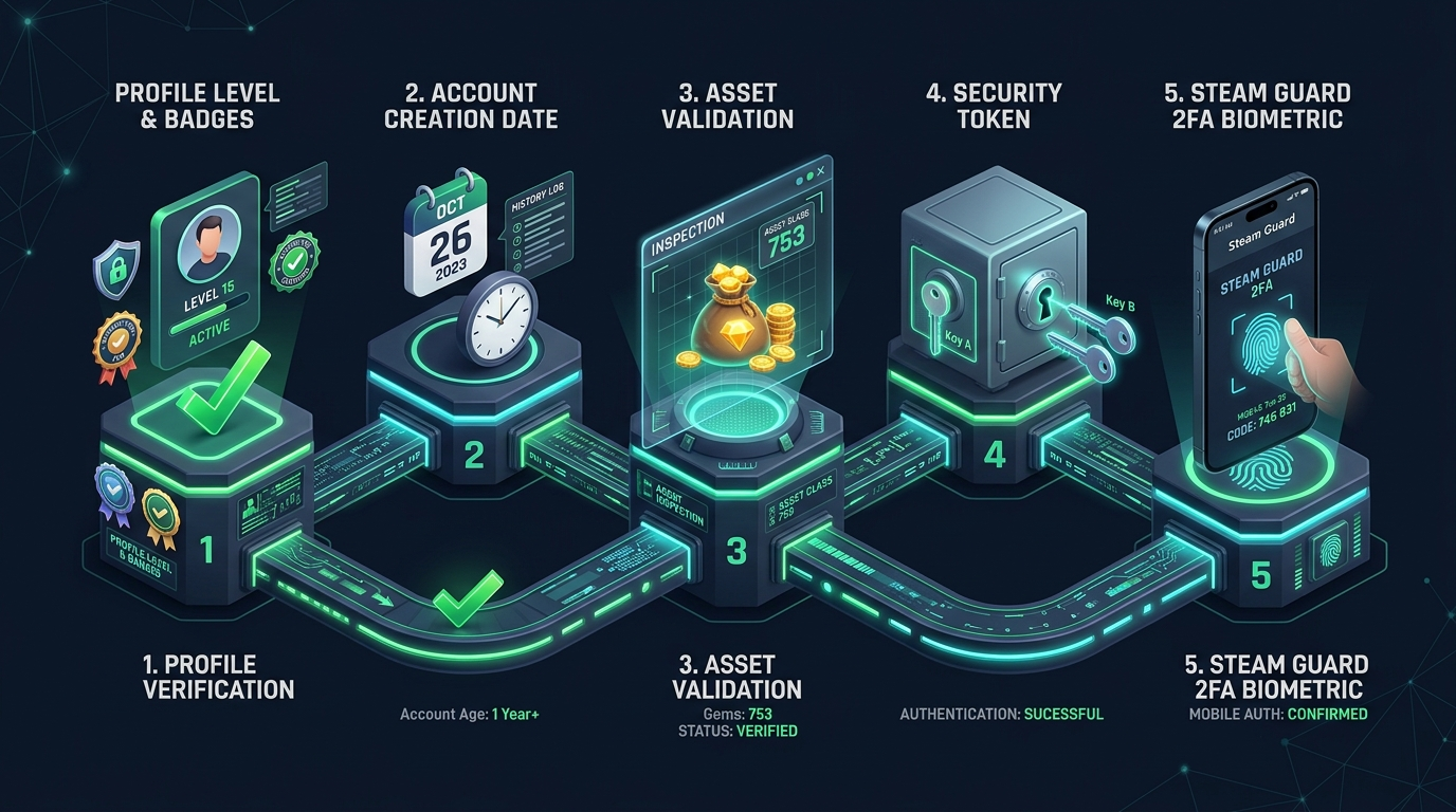 Five step trade offer verification protocol showing account age trade token and steam guard check