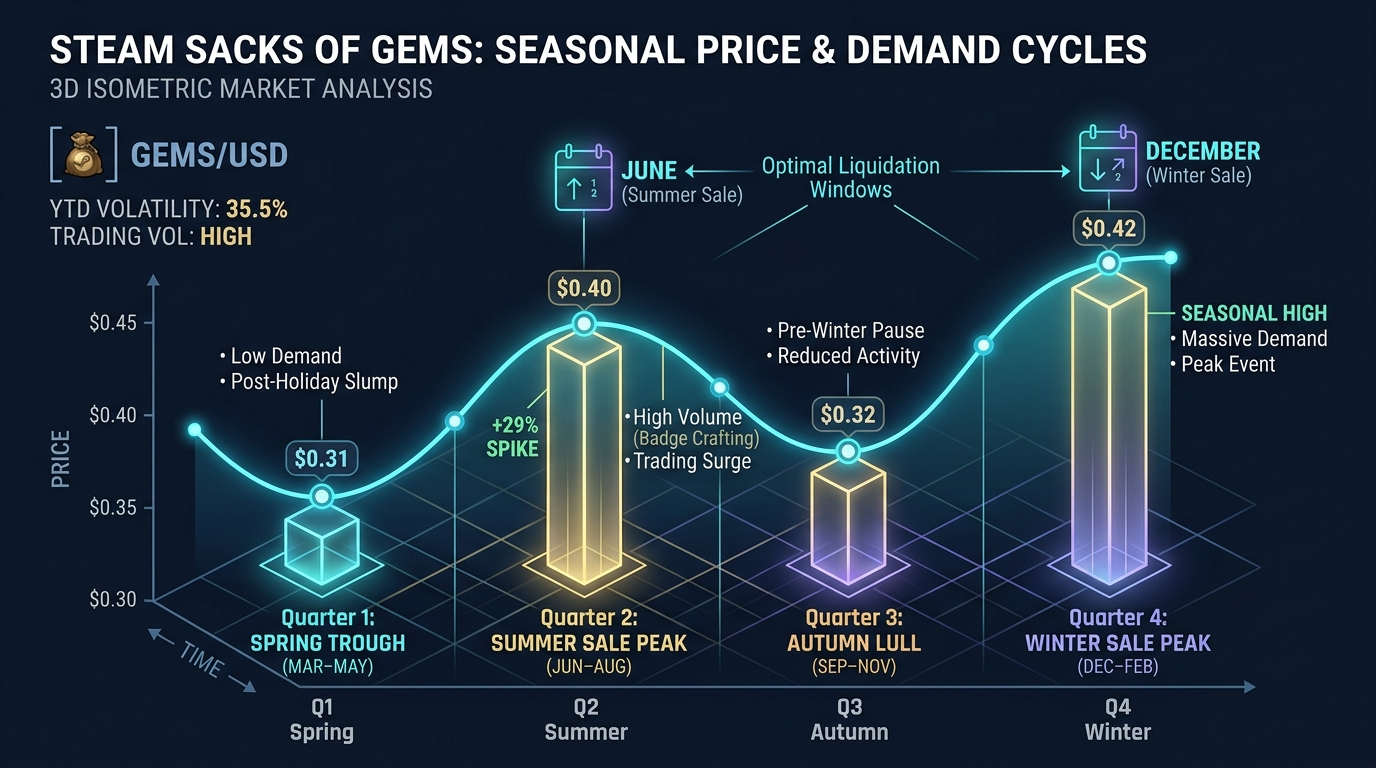 Seasonal trading cycles and gem sack price volatility across summer sale winter sale and badge events