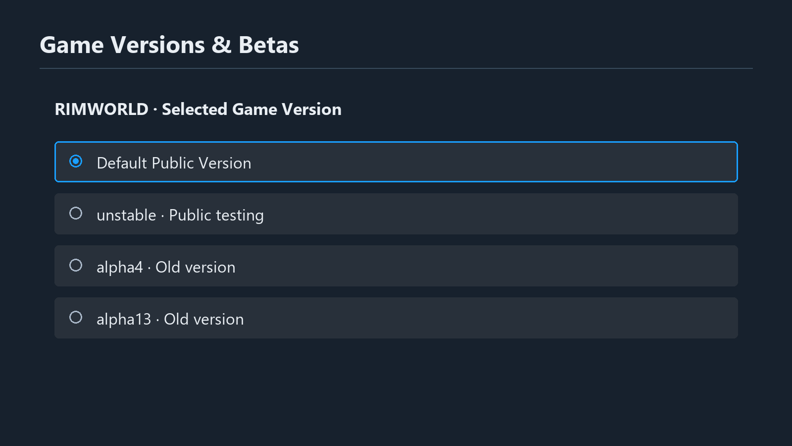 Nachgebildete Ansicht Game Versions & Betas am RimWorld-Beispiel