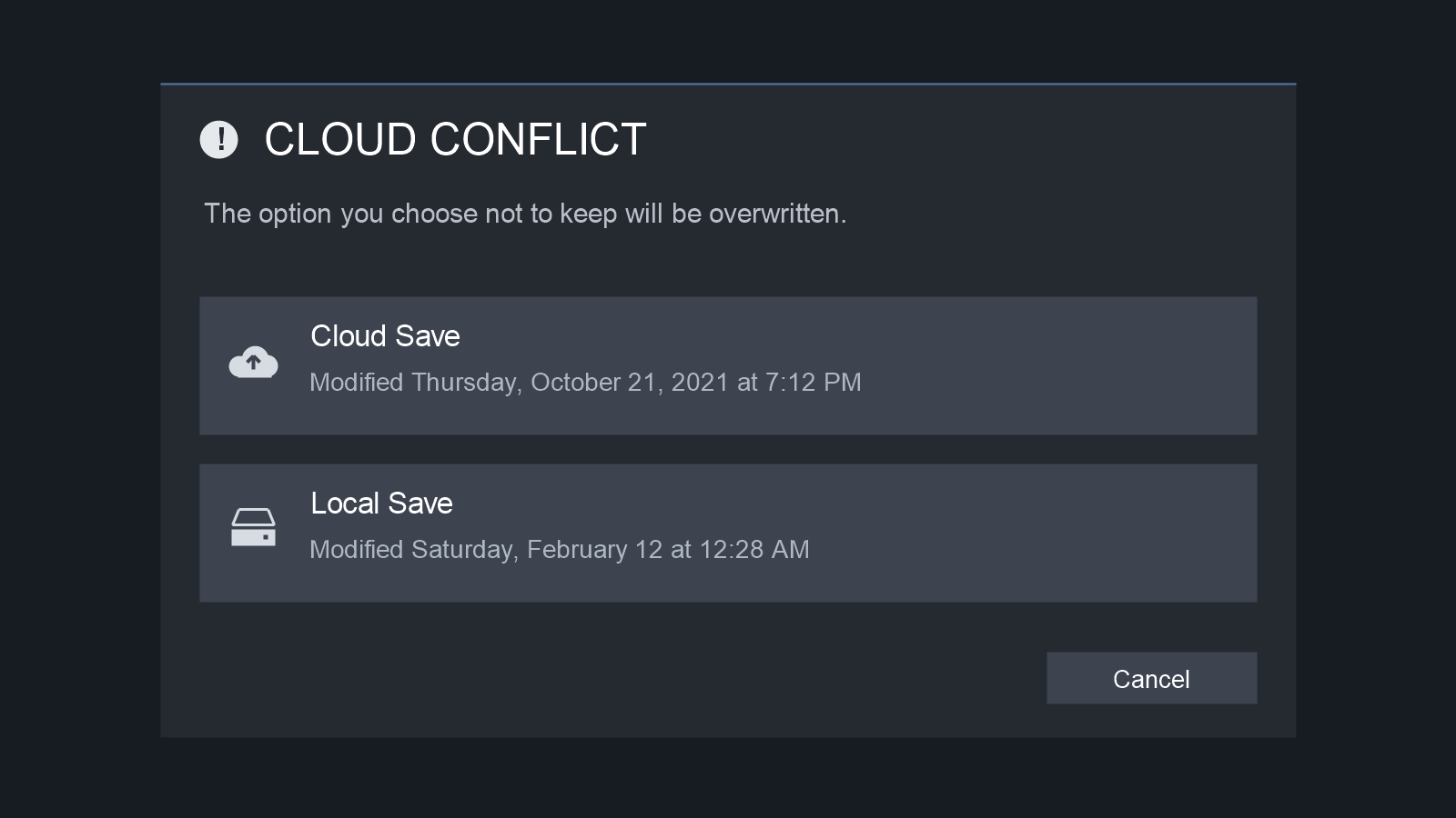 Steam Cloud conflict dialog mockup with cloud and local files arranged vertically, reconstructed from the historical Portal example in Valve's FAQ.