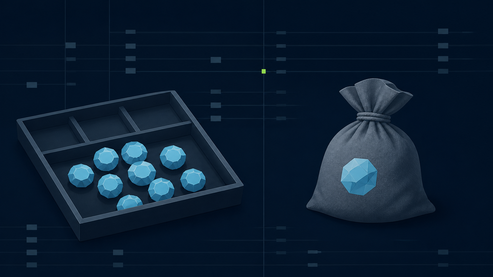 Gems soltas ao lado de um Sack lacrado sobre uma grade de inventário