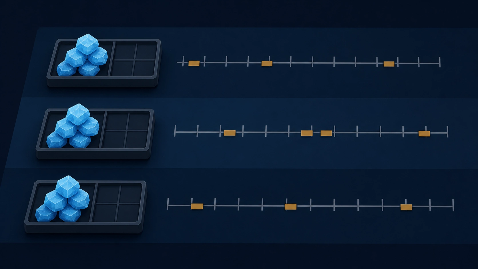 Tres pilas de Gems separadas por marcadores temporales distintos