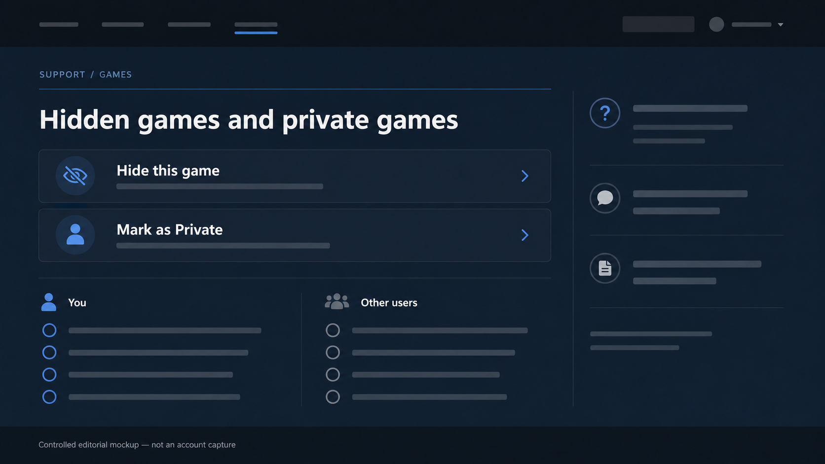 Steam Support-style page separating a hidden game from a private game