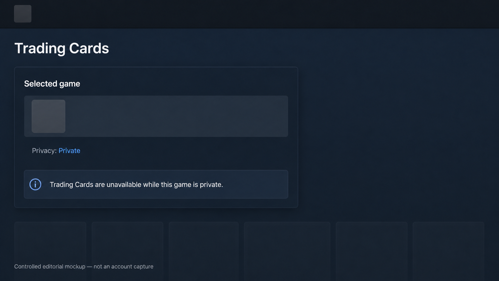 Steam Badges-style card status showing that private games do not award Trading Cards