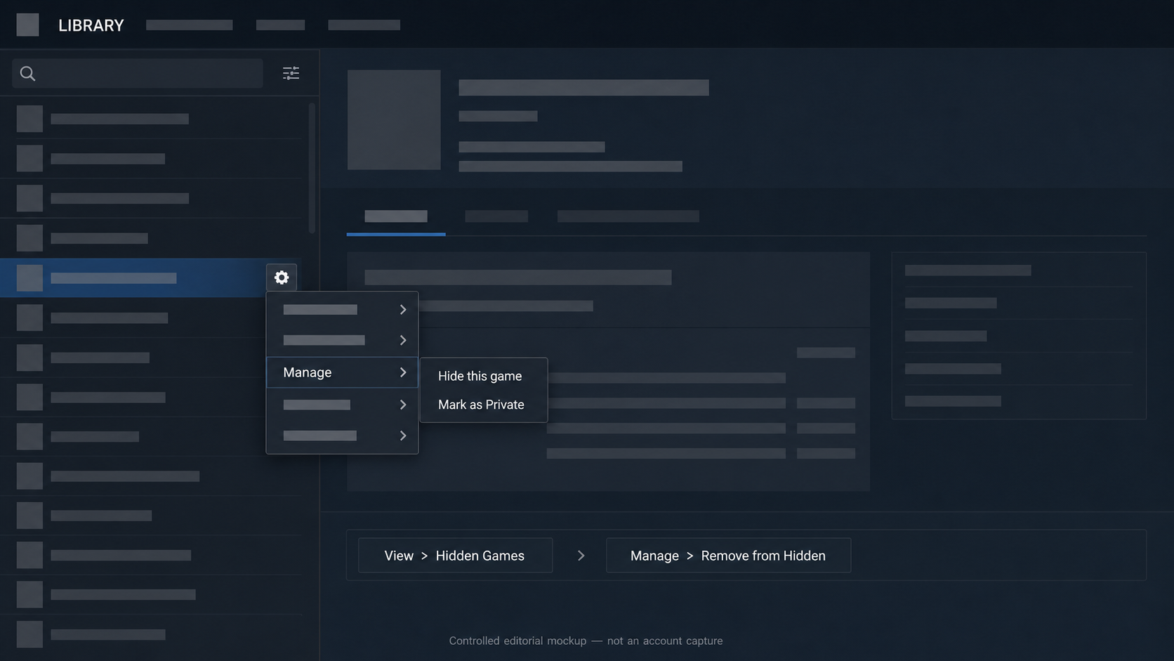 Steam Library Manage menu showing Hide this game, Mark as Private, and the Hidden Games recovery path