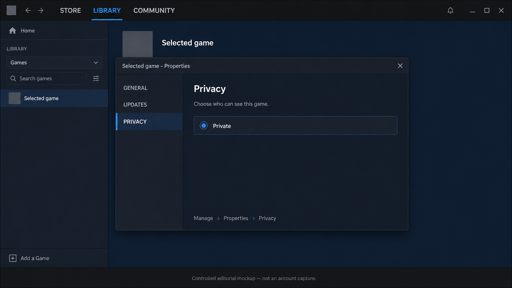 Steam-style Properties Privacy screen showing the documented path for a private game setting