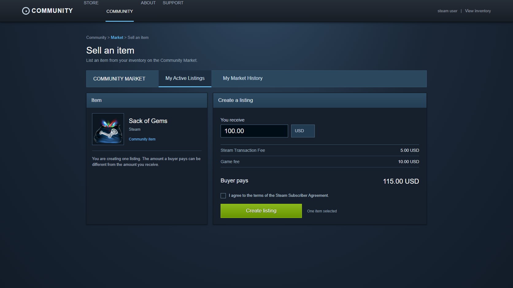 Steam-Marktformular mit Verkäufererlös, Käufergesamtbetrag und zwei Gebührenzeilen