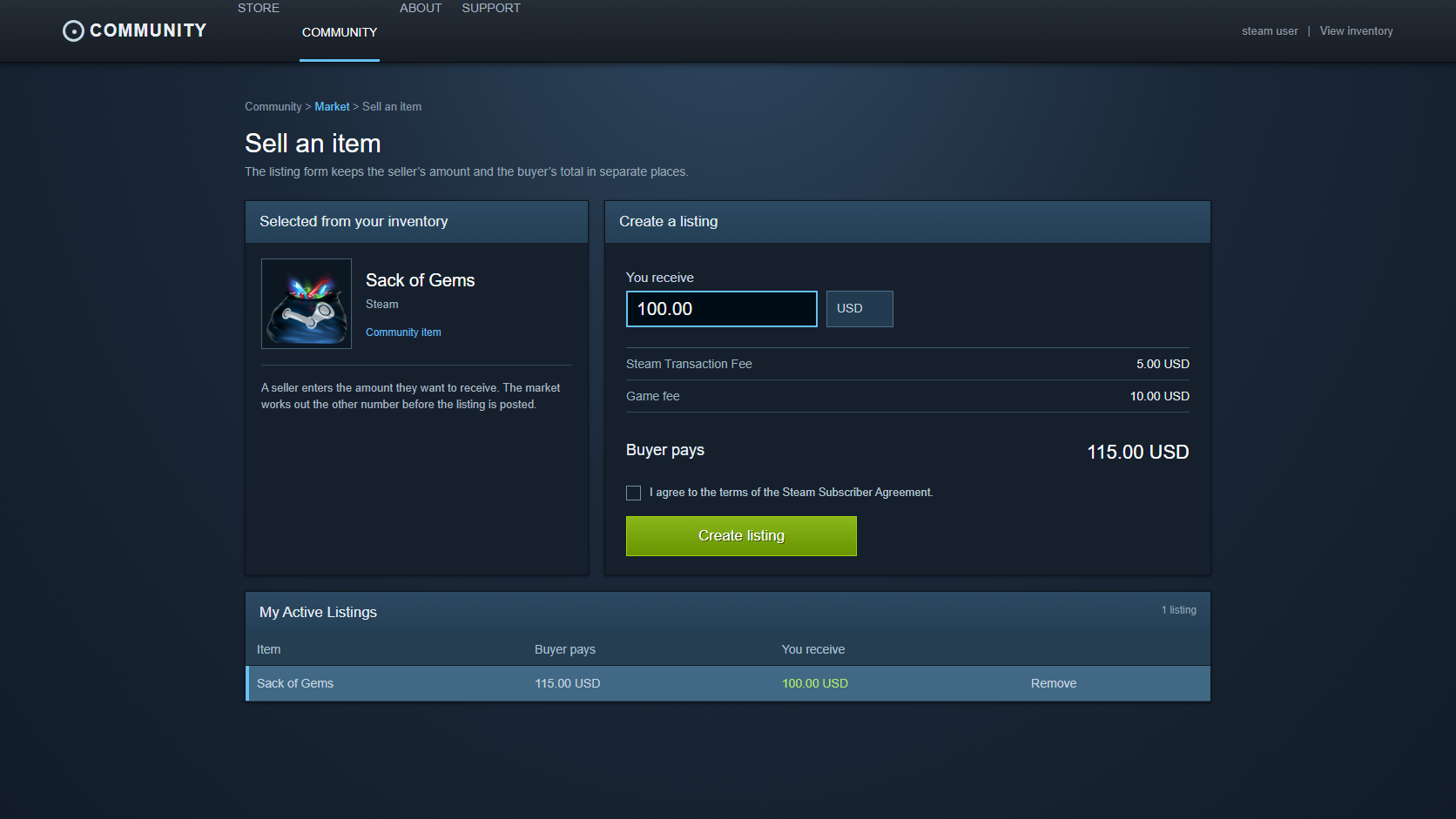 Steam-Marktformular mit Verkäufererlös und Käufergesamtbetrag nebeneinander