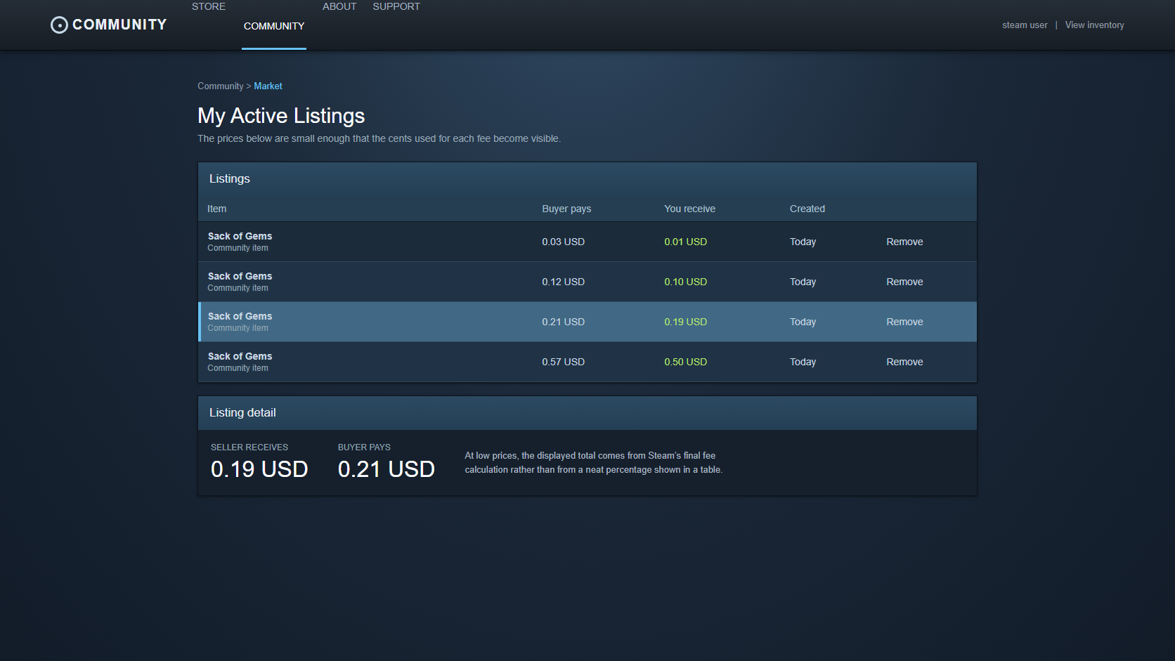 Aktive Steam-Angebote mit Käufergesamtbetrag und Verkäufererlös bei kleinen Beträgen