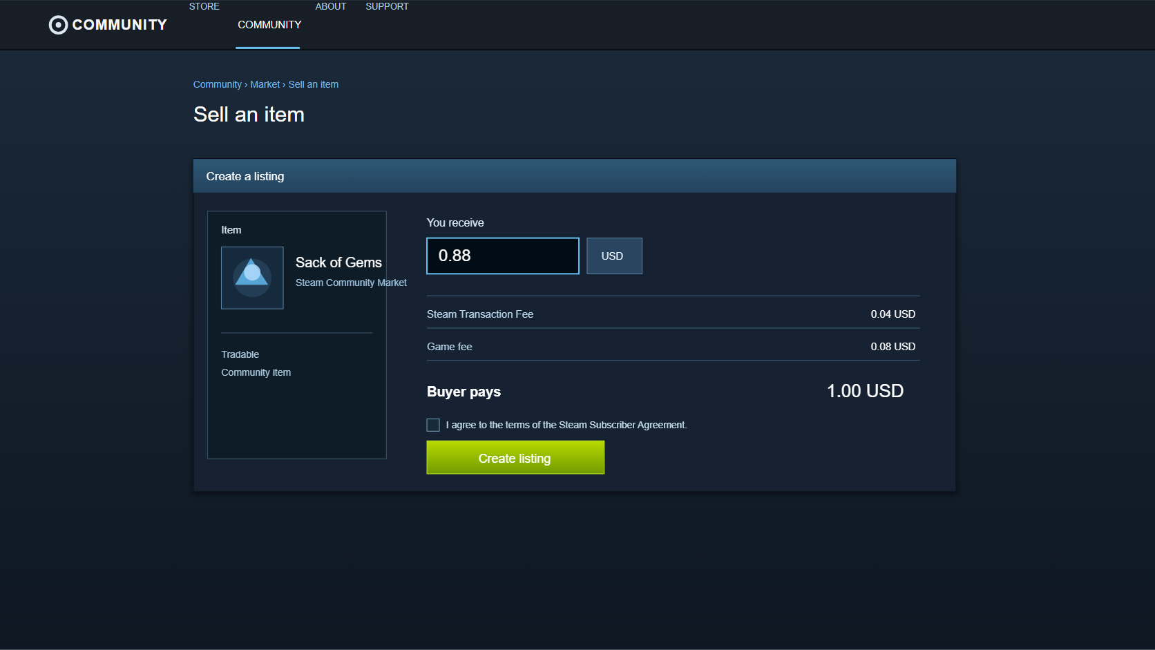 Steam-Angebotsformular mit einem Käufergesamtbetrag von einem Dollar und 0,88 Dollar Verkäufererlös