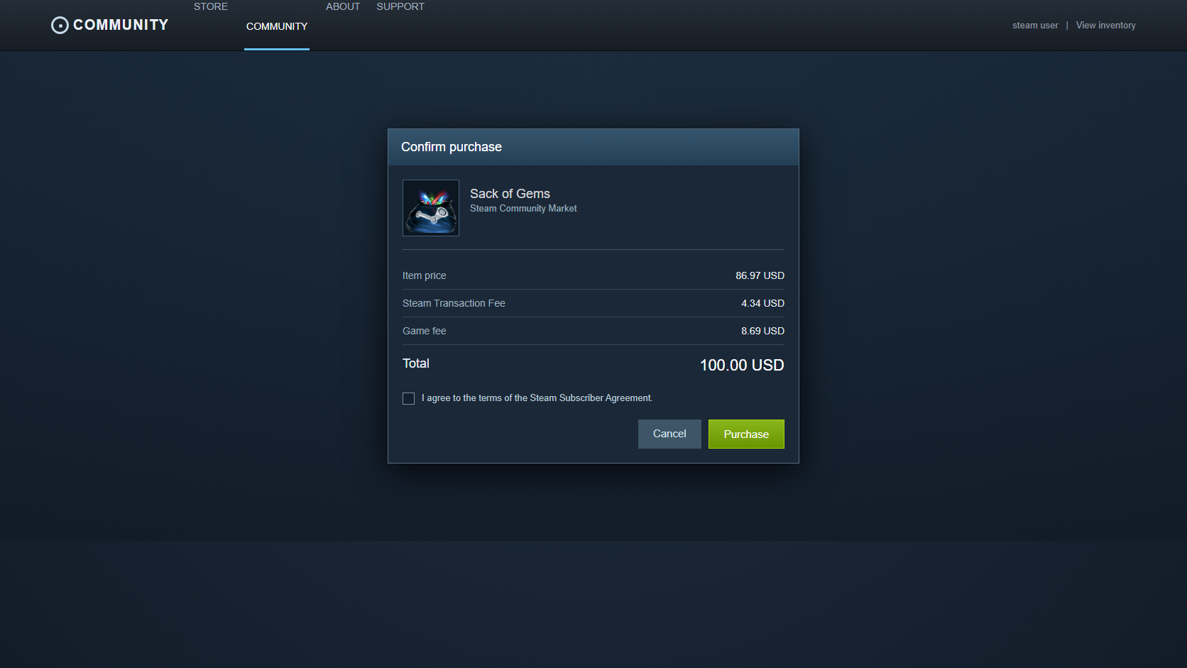 Steam-Kaufbestätigung mit Artikelbetrag, Gebührenzeilen und Endsumme