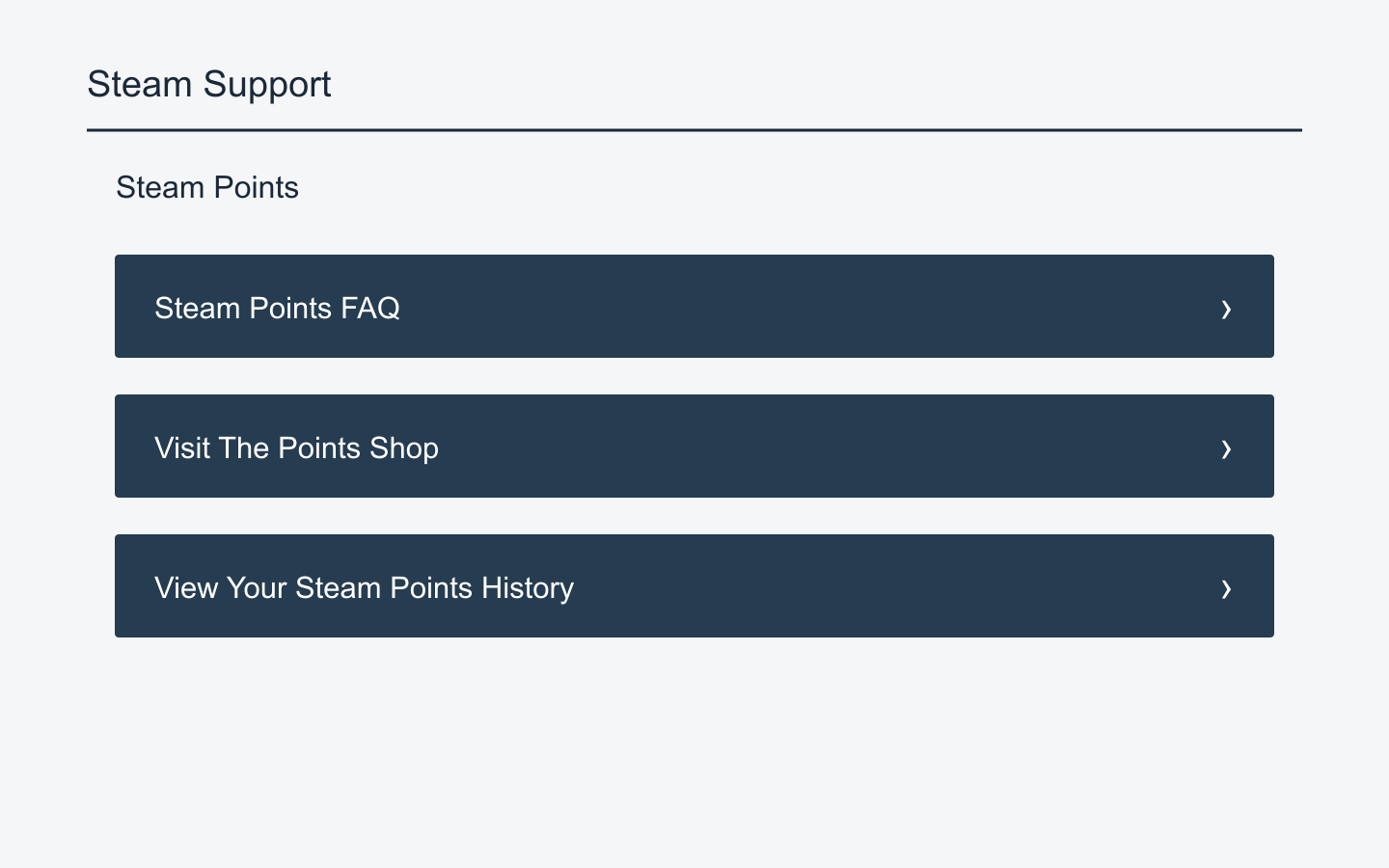 Official links to the Steam Points FAQ, Points Shop, and Points History
