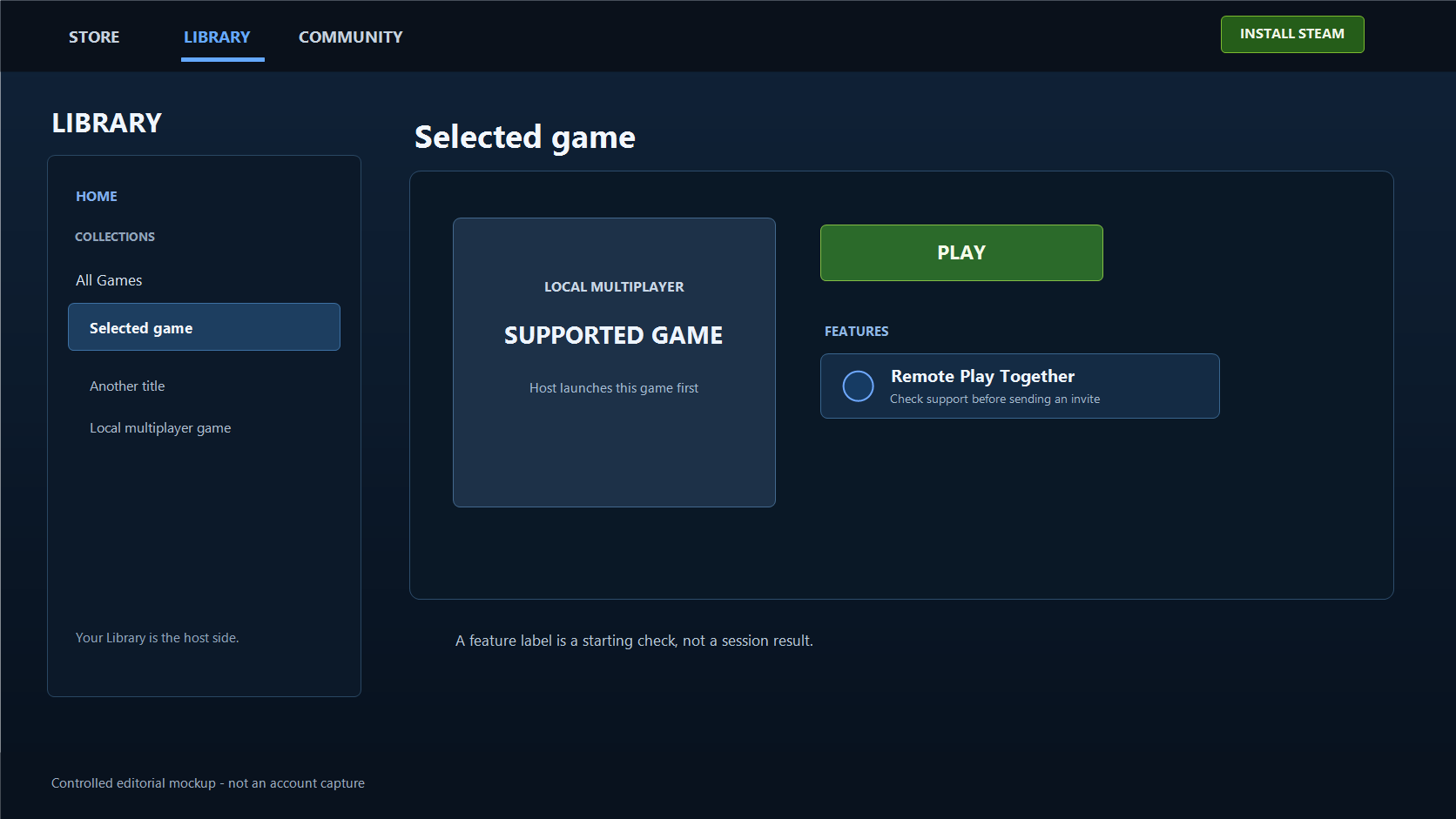 Thẻ chi tiết game kiểu cửa hàng Steam có nhãn hỗ trợ Remote Play Together trước khi mời