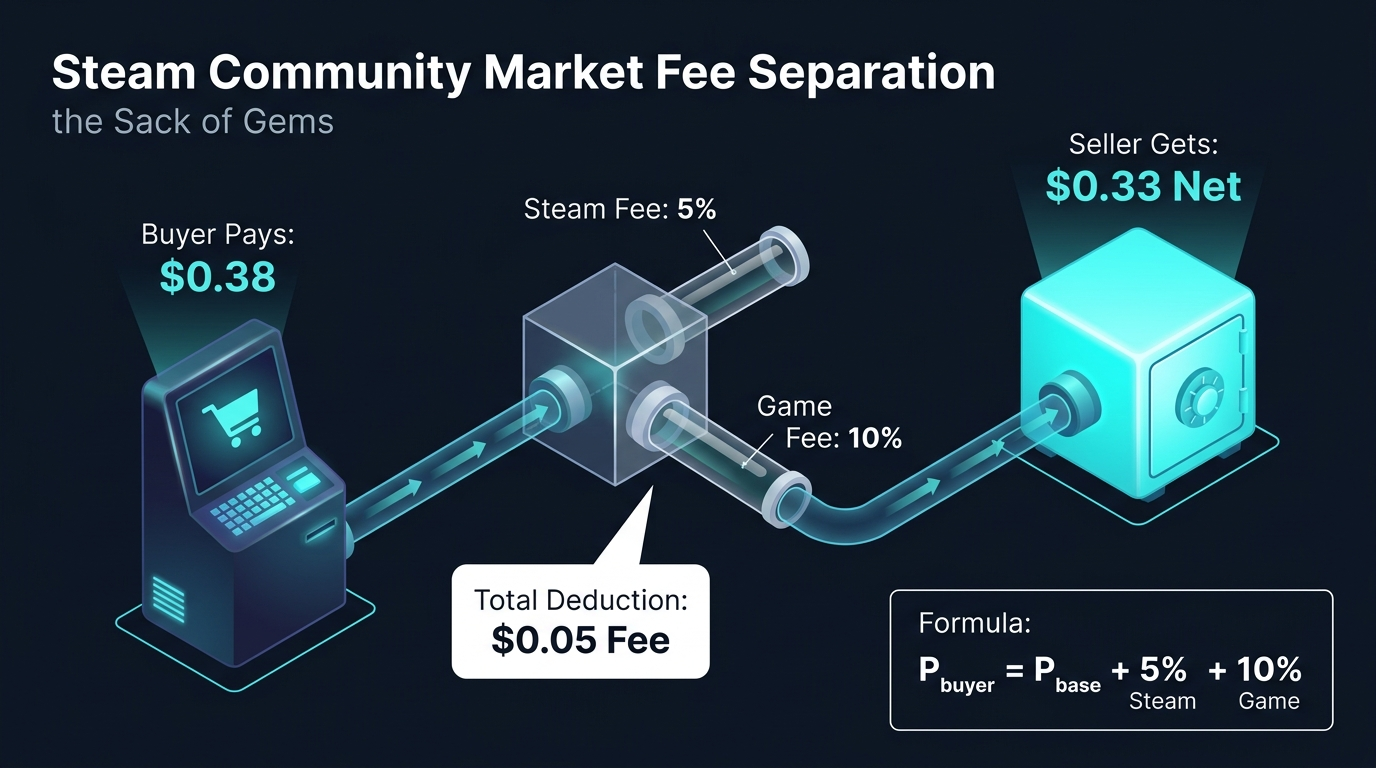 Steam Community Market fee separation and gross vs net settlement diagram for Sack of Gems