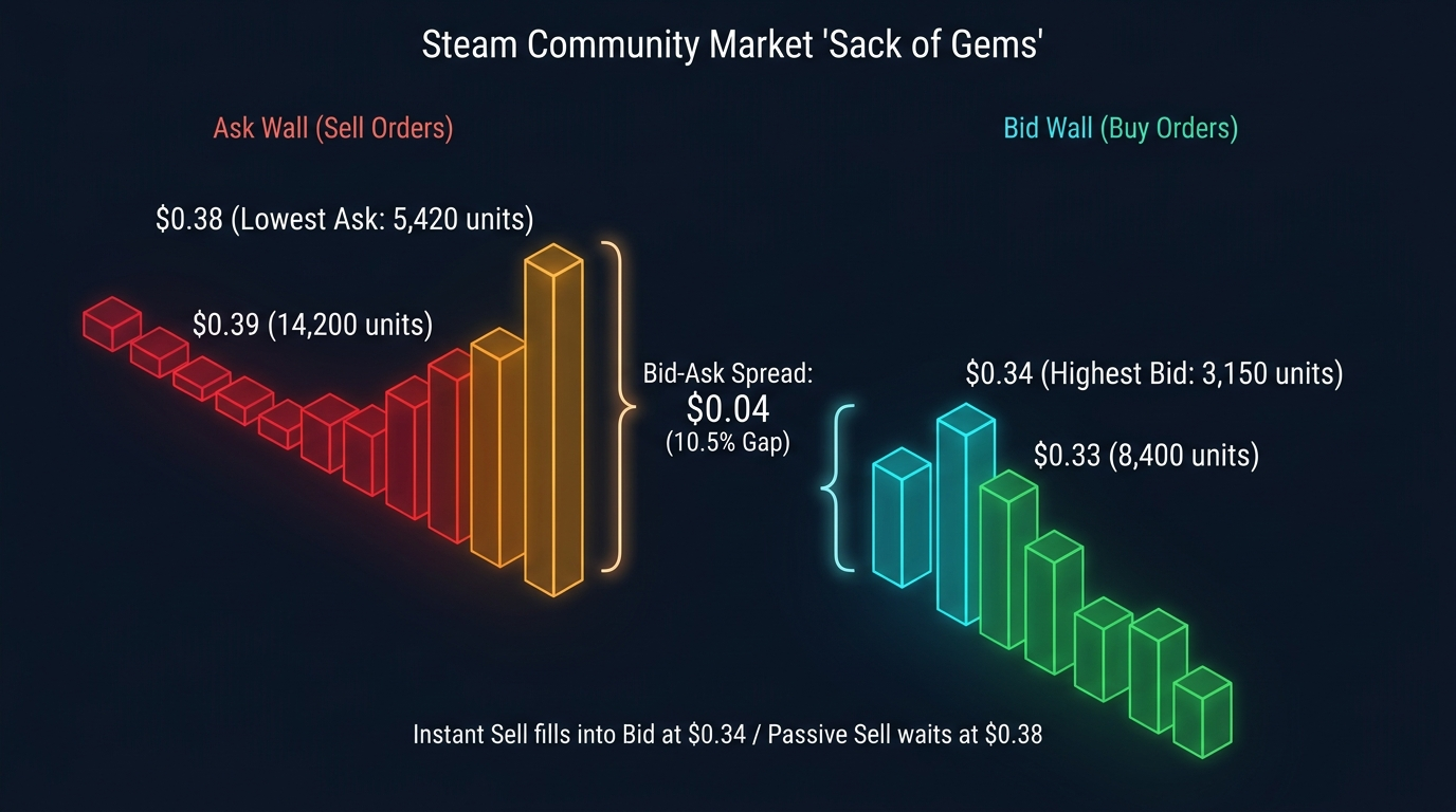 Steam Sack of Gems order book depth chart showing bid ask spread and matching engine mechanics