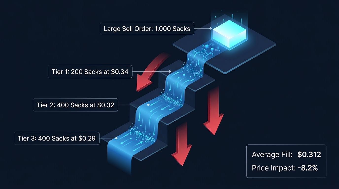 Cascading liquidation ladder showing order book depth depletion and slippage on bulk gem sales