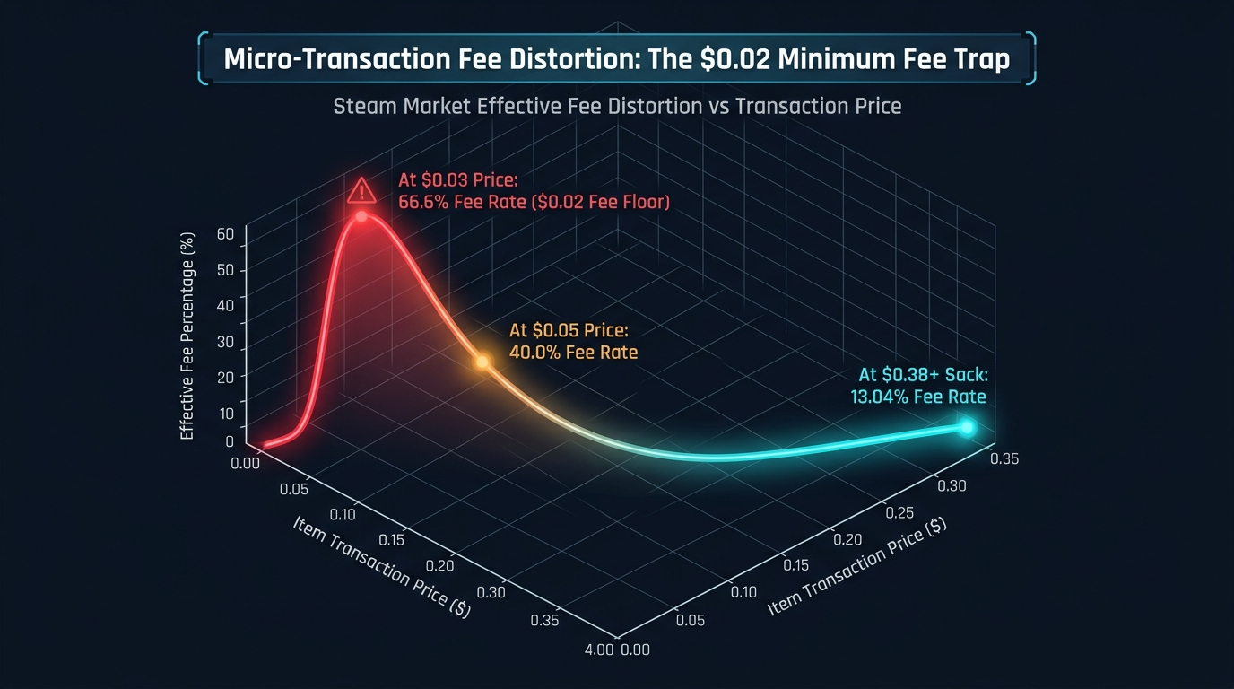 3D chart of effective Steam Market fee percentage vs item transaction price showing the 2 cent fee floor