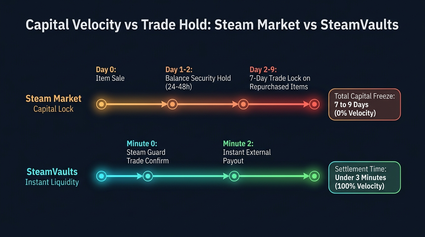 Timeline comparison between Steam Market capital lock and SteamVaults instant liquidity