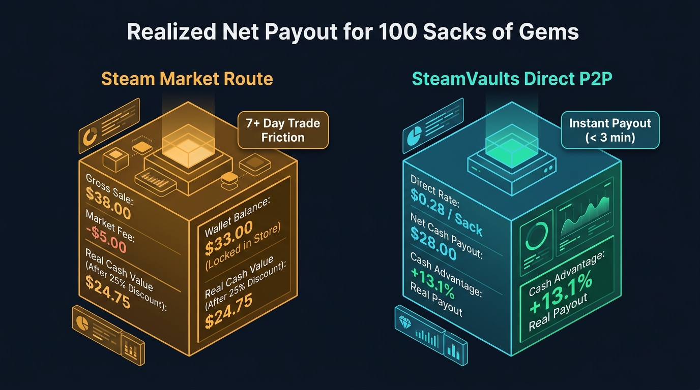 Comparison dashboard of realized net payout for 100 sacks between Steam Market and SteamVaults