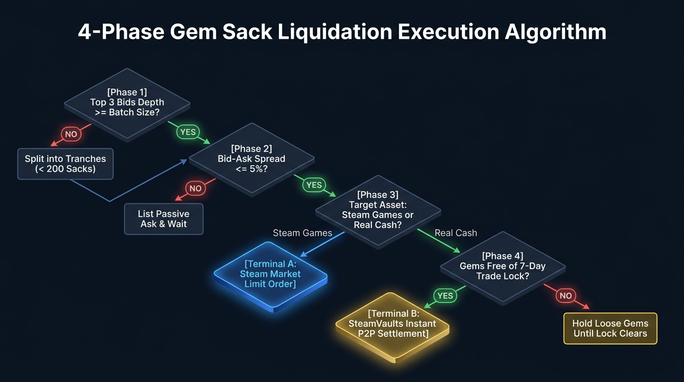 Operational 4-phase decision flowchart algorithm for executing Steam Sack of Gems liquidation