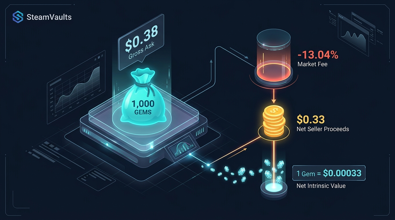 Intrinsic valuation breakdown of one Steam Sack of Gems and single gem unit
